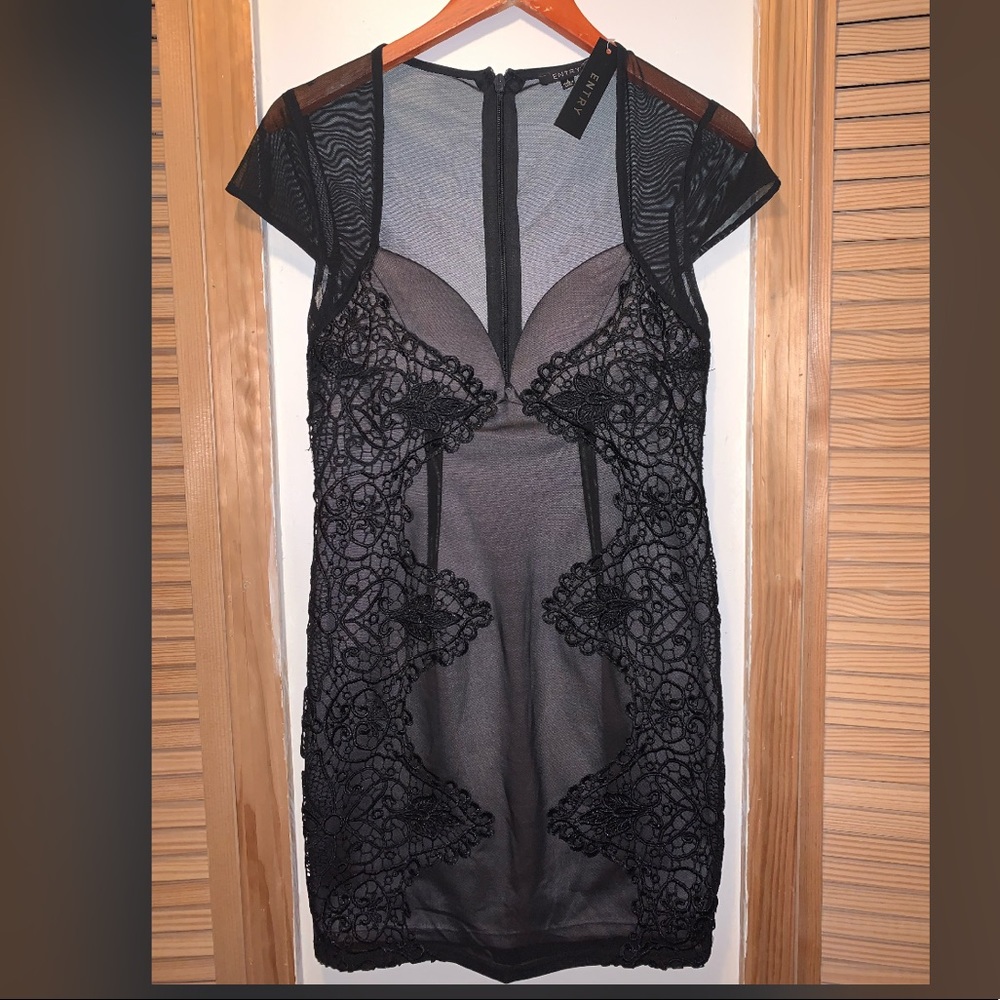 Entry black mesh lace mini dress